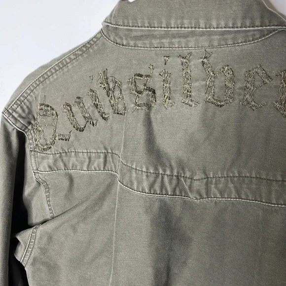 QuikSilver Army Green Jacket embroidered on back with arm Patches Sz Medium - Picture 3 of 7